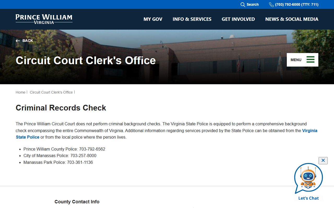 Manassas Park criminal records check information