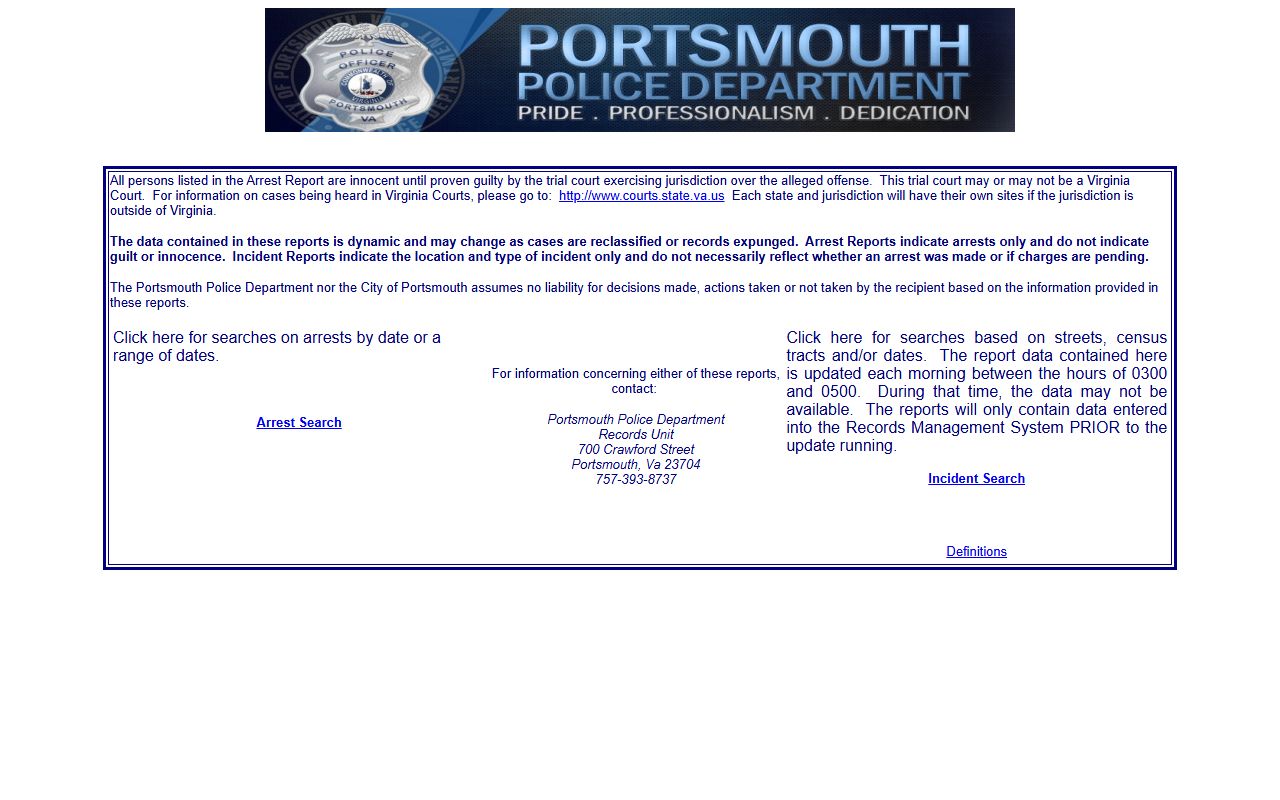 Portsmouth arrest and incident records database