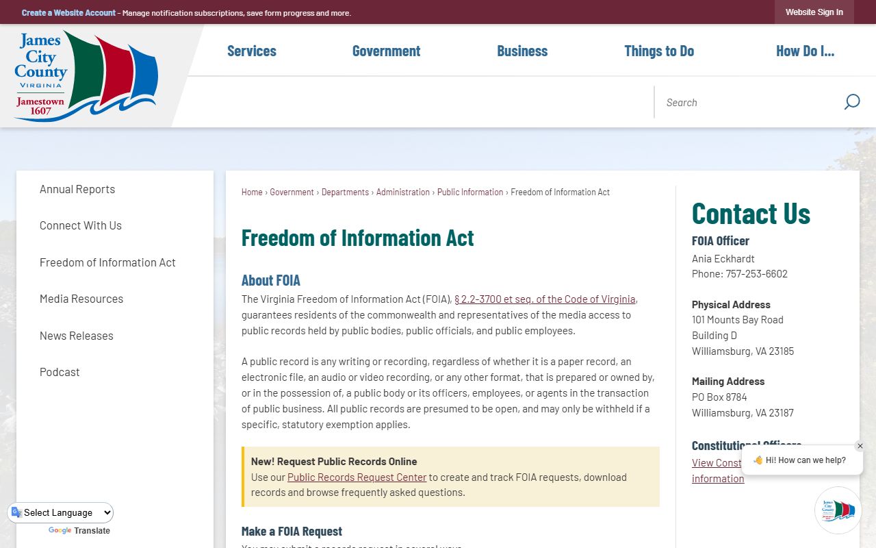 James City County FOIA background check records request