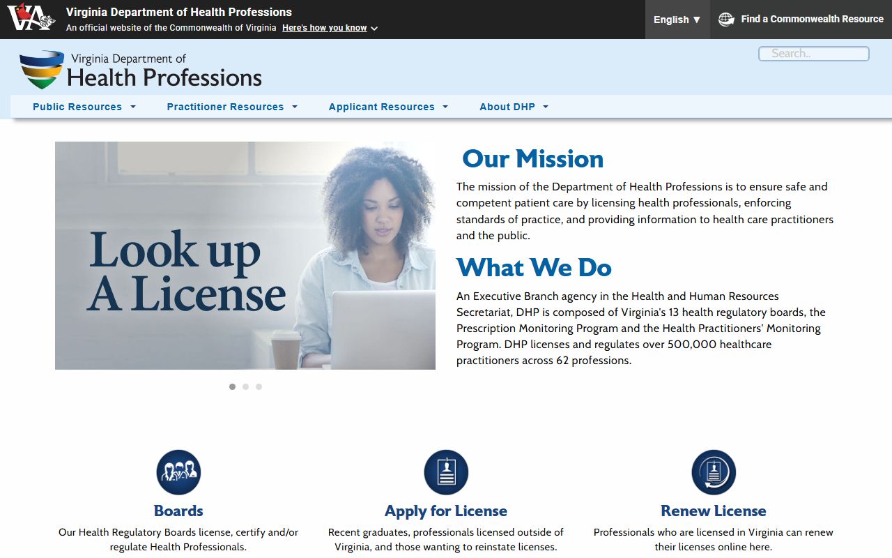 Virginia Department of Health Professions background check licensing