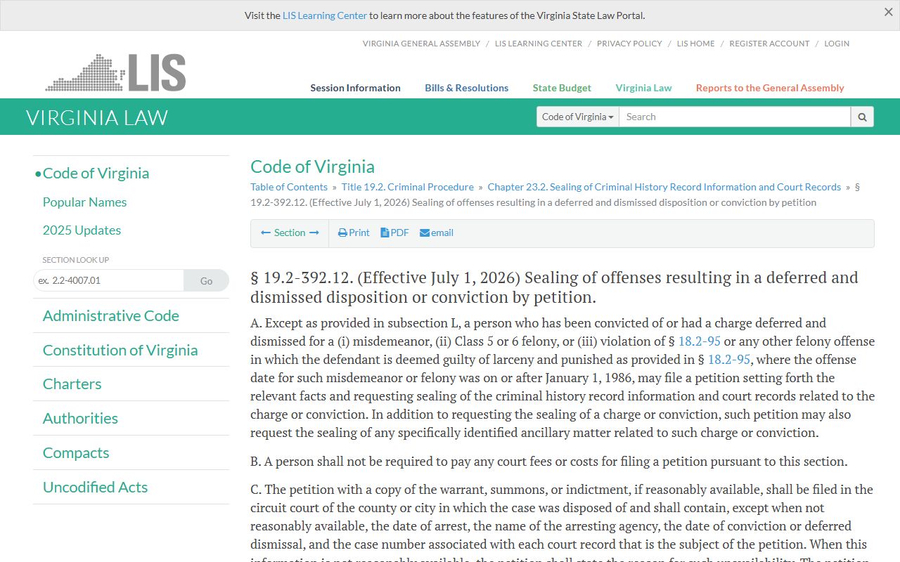 Virginia record sealing laws Clean Slate background check impact