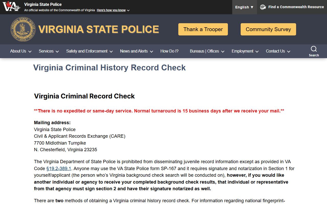 Virginia State Police criminal background check CCRE page
